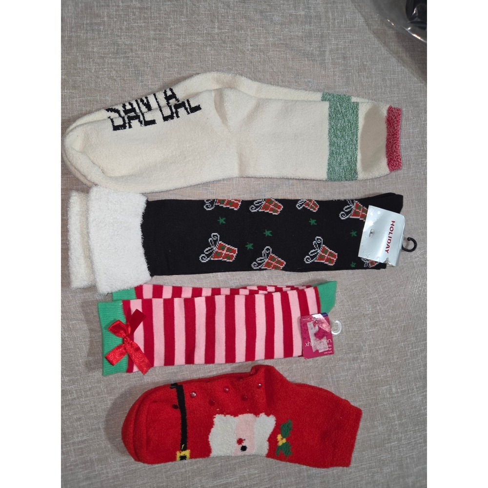 Womens Christmas Sock Bundle 4 Pairs Santa Bae Xhilaration Holiday Knee High